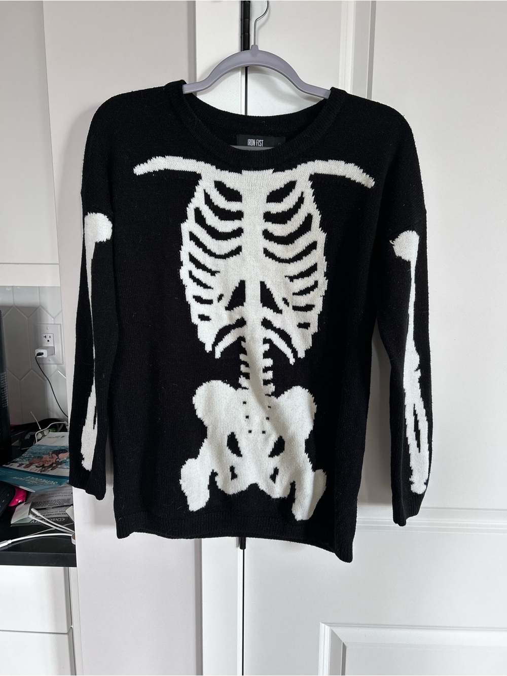 Iron Fist Black White Skeleton Intarsia Oversized Knit Sweater Goth Punk Y2K Emo